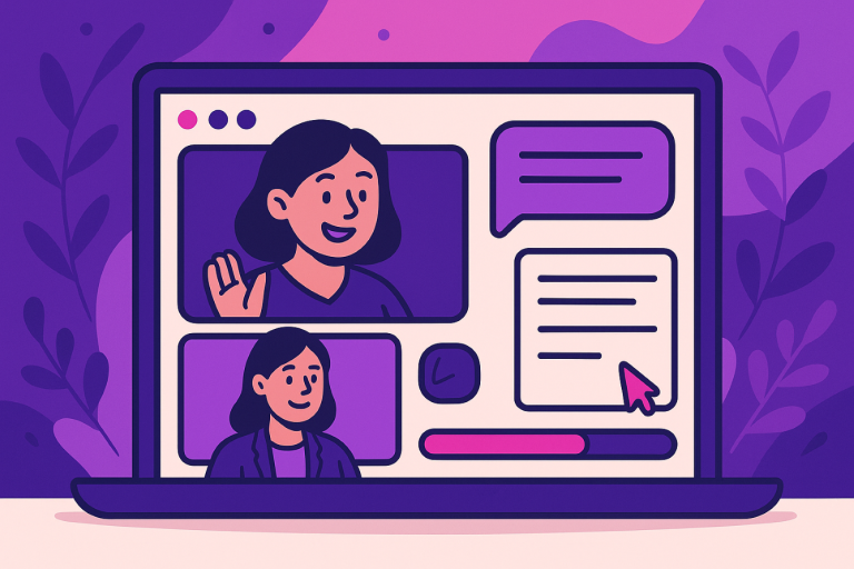 Flat-style vector illustration of a laptop displaying a virtual tutor session, incorporating the concepts “free online courses,” “online courses with certificates” and “online courses.”
