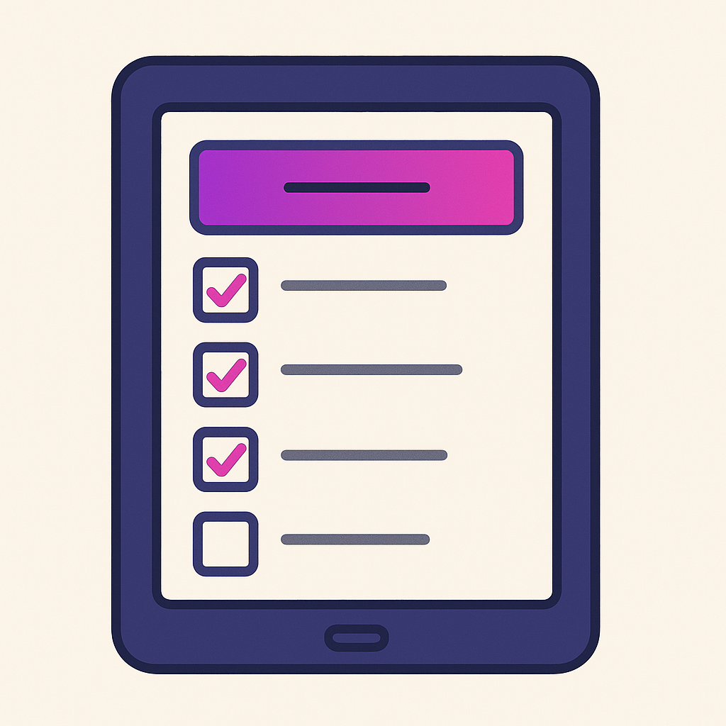 Flat-style wireframe of a digital tablet displaying a checklist interface, designed for an adult learner navigating government funded free course options and level 2 courses within the british education system