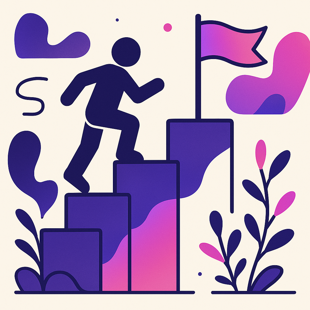 illustration of a figure climbing four gradient steps to a flag, symbolising progression in level 2 courses, funded online courses, free online courses, government-funded courses.