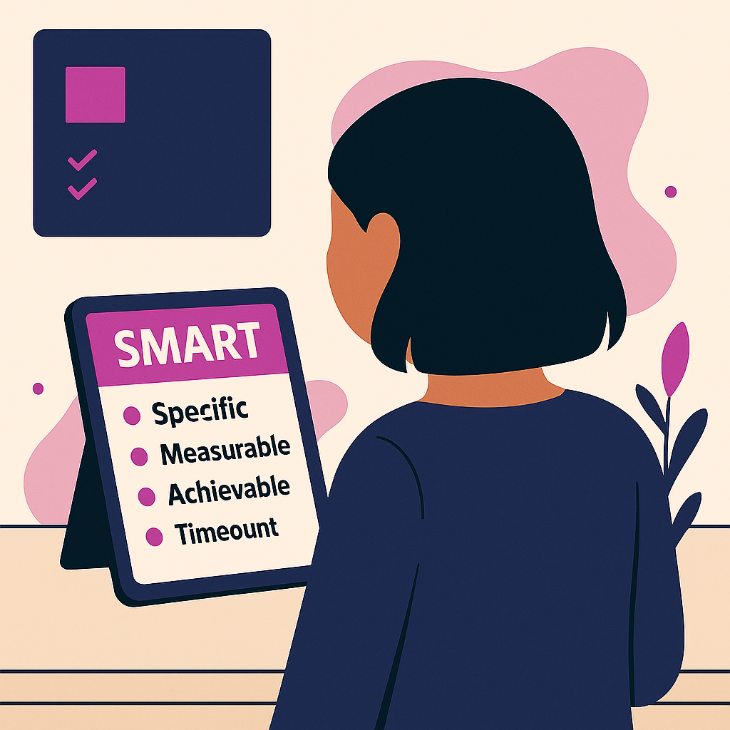 Rear view of a woman looking at a tablet displaying the SMART acronym and its criteria, illustrating Free Online Healthcare Courses.