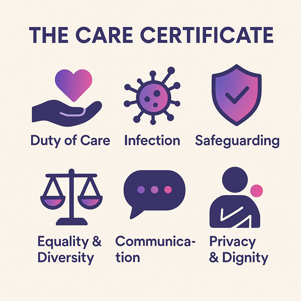 Infographic summarising Care Certificate standards for free online care courses