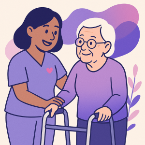 Care worker demonstrating the knowledge gained from level 2 online care courses skills with an elderly client