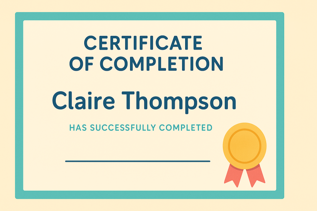 Digital certificate of completion awarded to Claire Thompson for finishing a health and safety course online