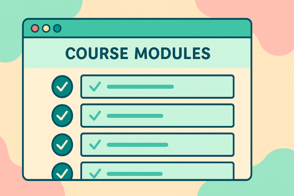 Illustration of an online course interface showing multiple completed health and safety modules with green check marks