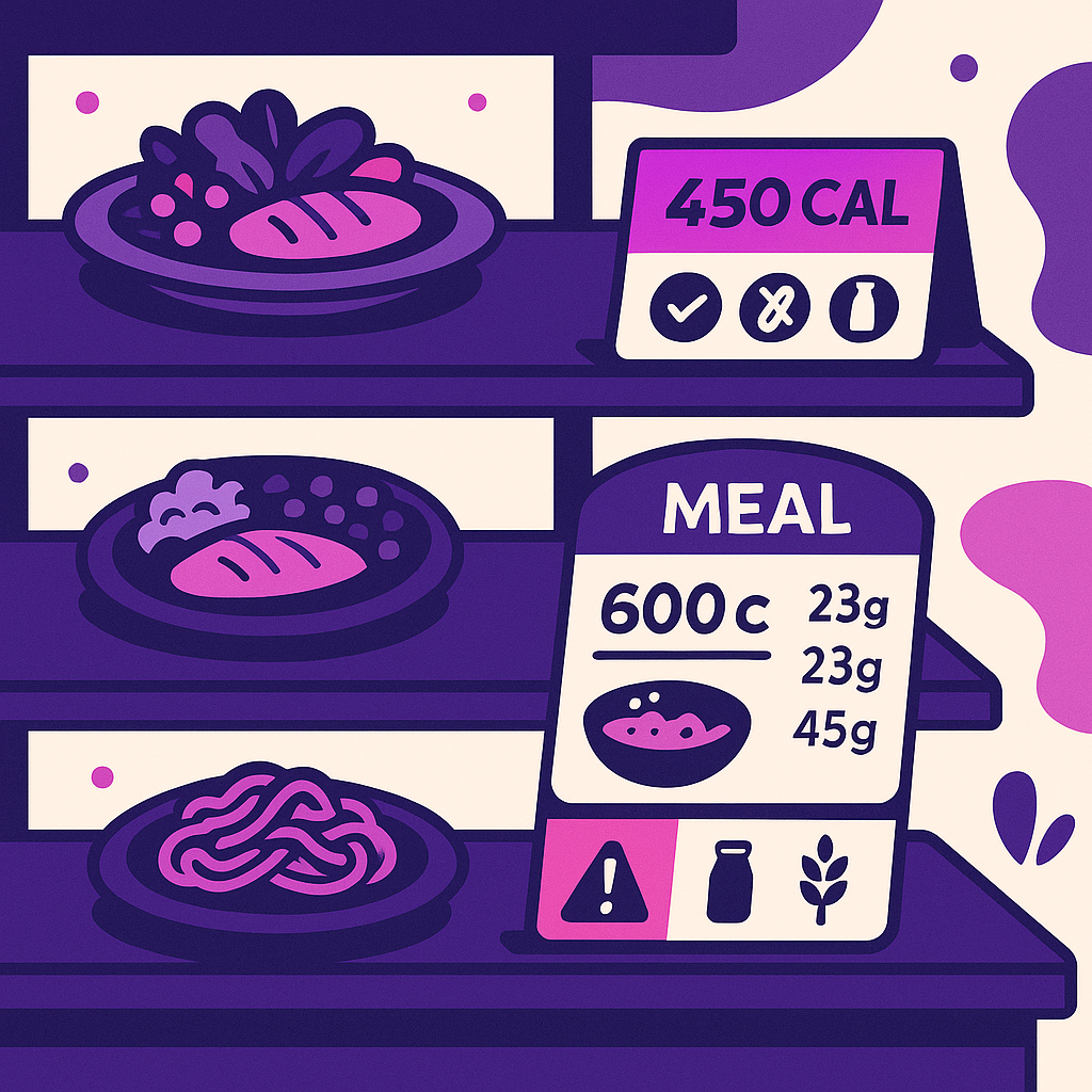 Flat-style illustration of a cafeteria display with three meals labelled with calorie counts and allergen icons for a Free Online Food Safety Course.