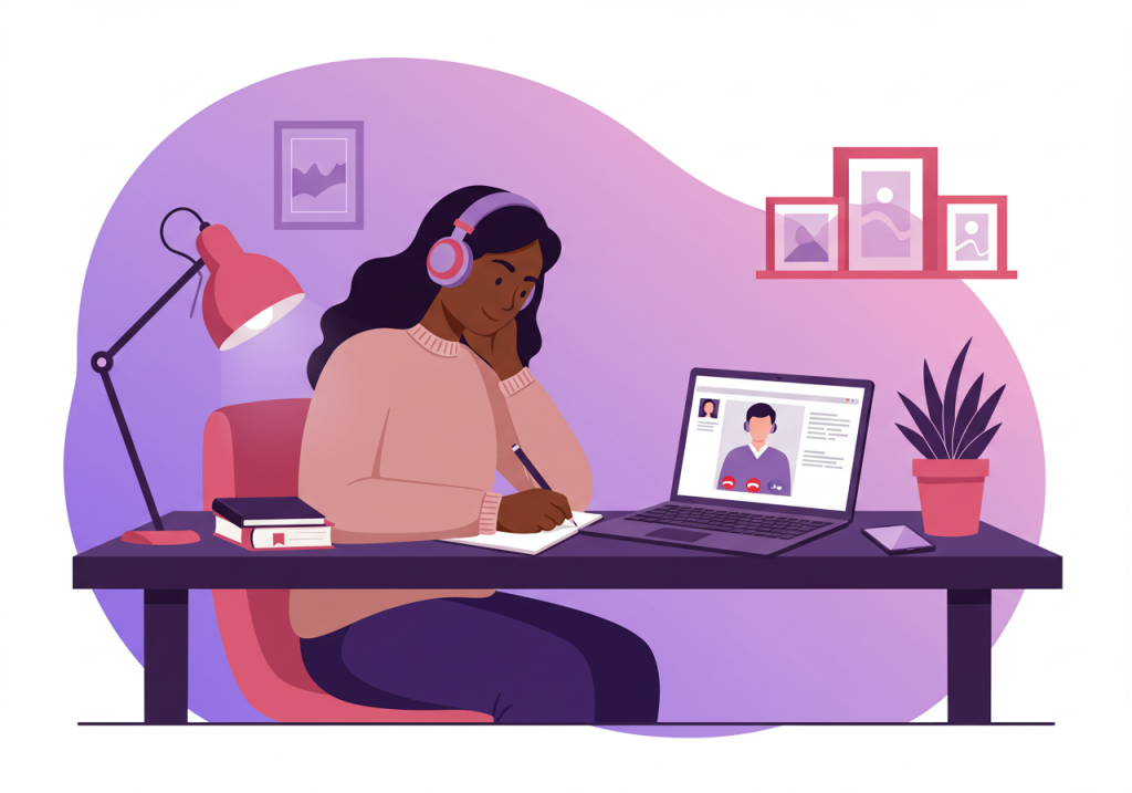 A diverse adult learner at home, engaged in an online counselling course with notes and headphones.
