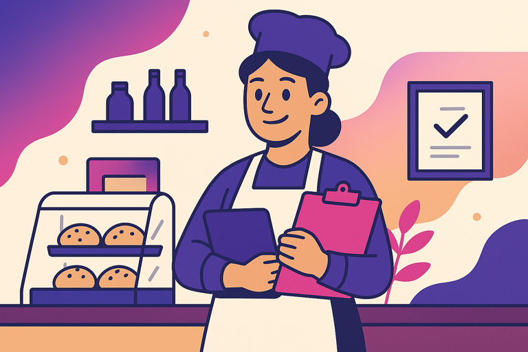 Illustration of a confident bakery owner holding a tablet and clipboard behind the counter after taking a Free Online Food Safety Course.