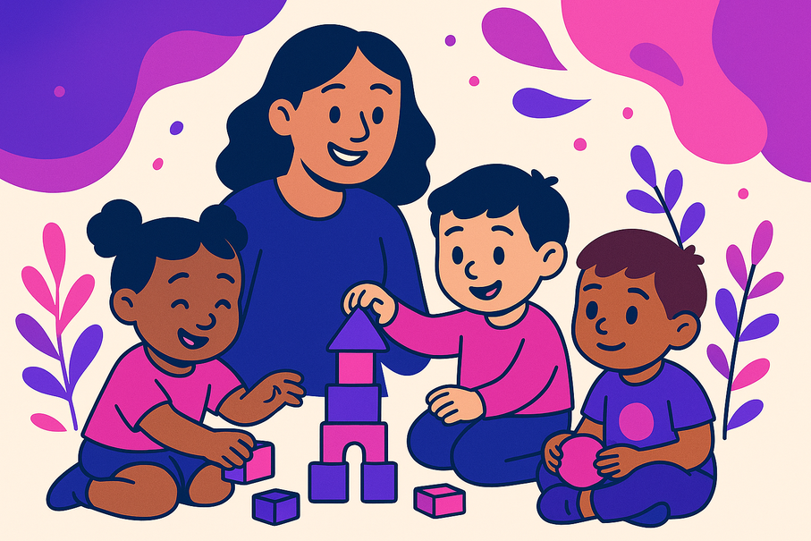 Flat-style illustration of a smiling adult guiding three children as they build blocks, representing Free Online childcare Courses.