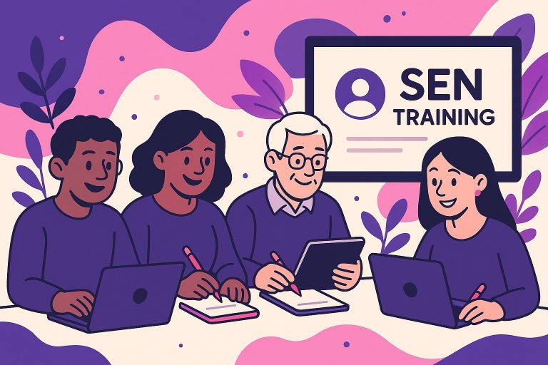 Illustration of four adult learners of diverse backgrounds using laptops and tablets in Free Online SEN Courses.