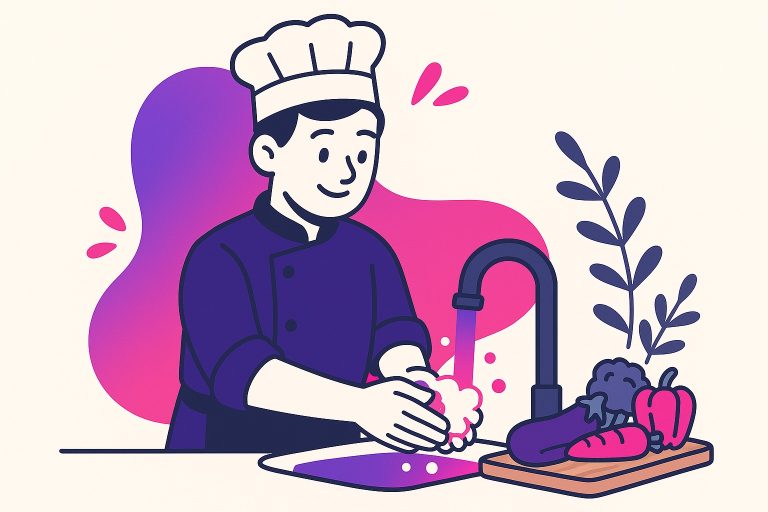 Illustration of a chef washing hands under a kitchen tap and preparing vegetables to demonstrate hygiene for a Free Online Food Safety Course.