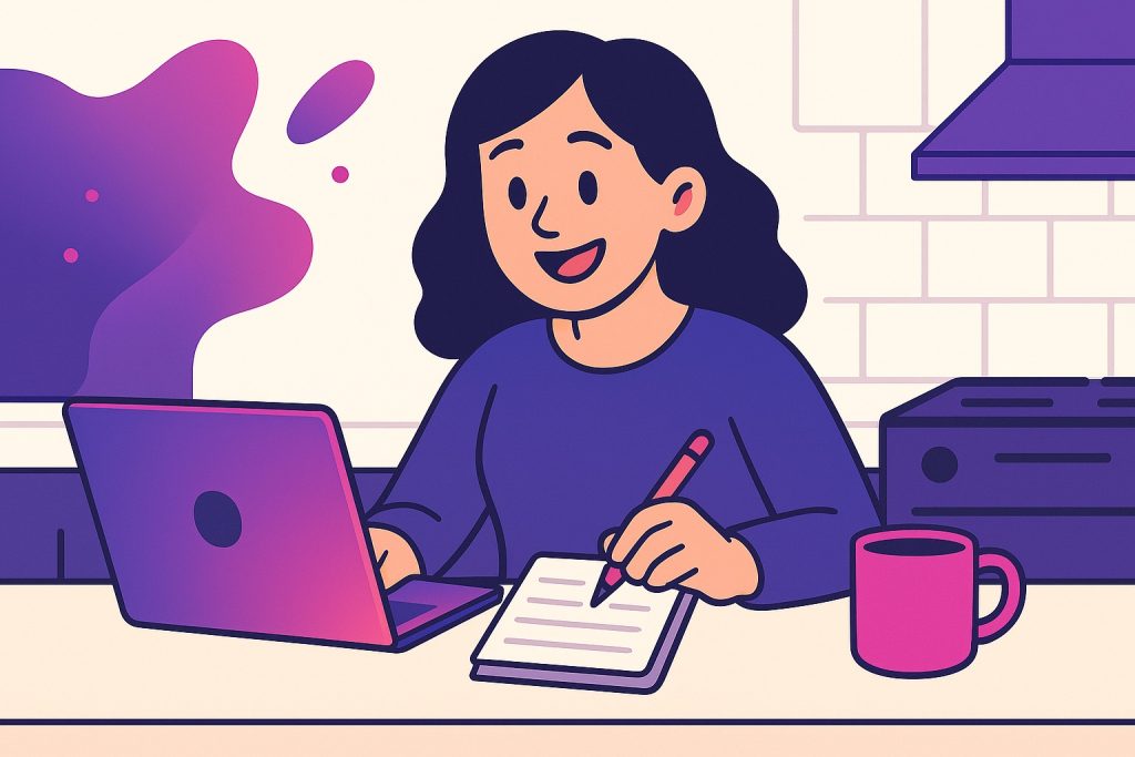 Young woman studying Free Online childcare Courses at a kitchen table with a laptop, notepad, and coffee mug.