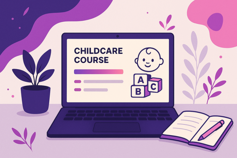 Vector illustration of a home study space featuring a laptop displaying a free online childcare courses, surrounded by an open notebook, a pencil, and abstract botanical shapes in purple and pink.